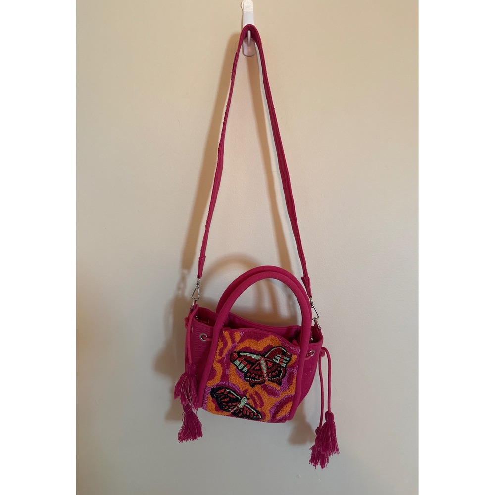 America & Beyond Pink Beaded Butterfly Crossbody Bucket Bag Boho Tassel Tote